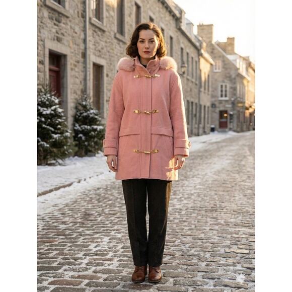 VTG I.Magnin Pink Wool Coat Brass Toggle Clasps Real Fur Trim Hood Union Made 12